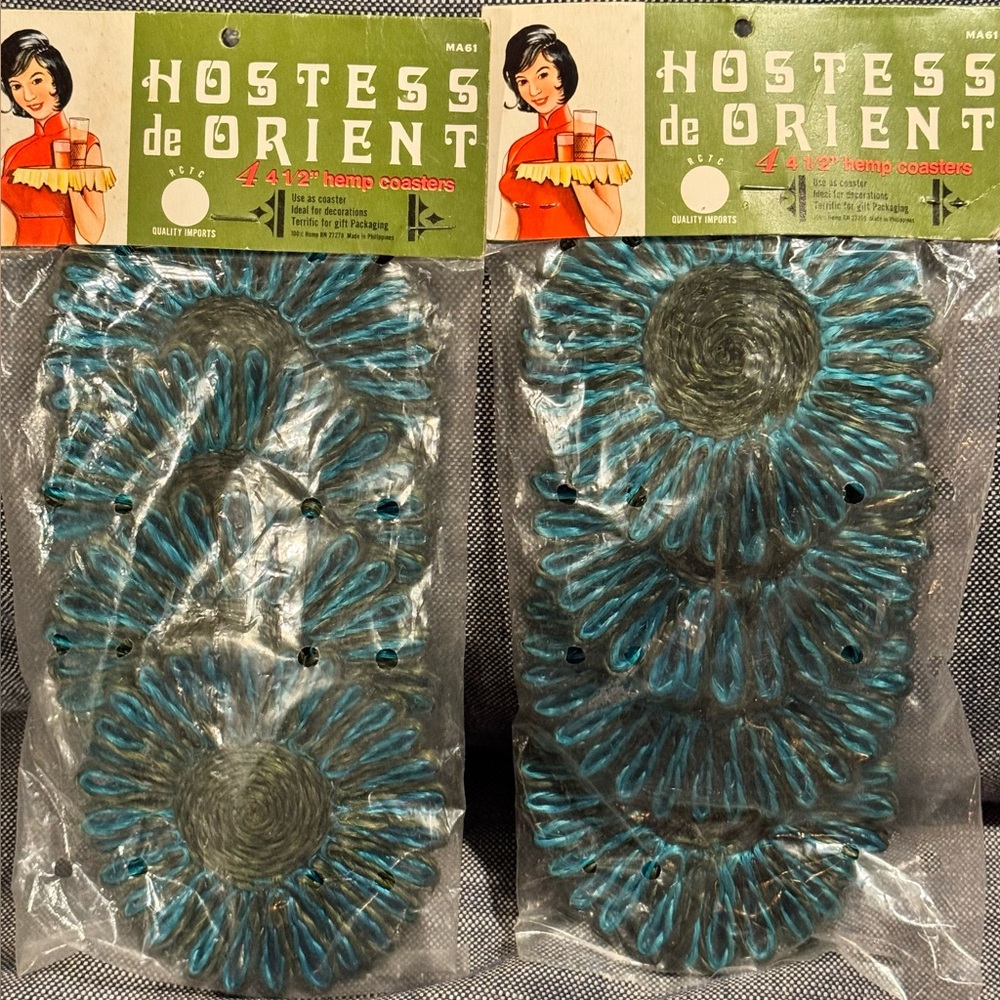 Vintage Hostess de Orient Hemp Coasters Set Black & Blue Mid-Century NOS 4.5”